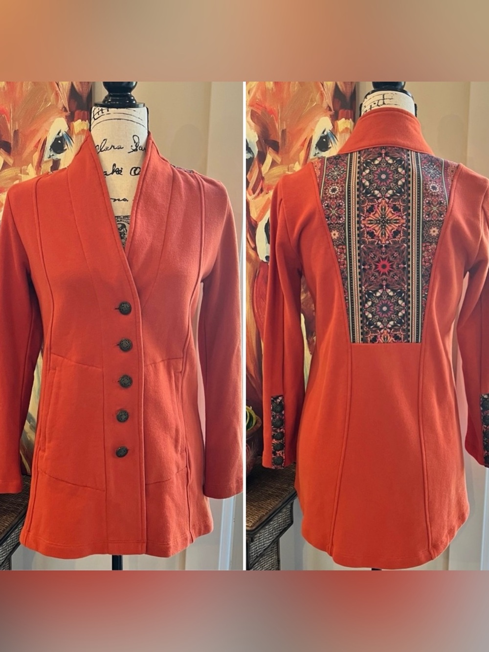 Soft Surroundings Nuance Orange Jacket with Tapestry Accent and Filigree Button